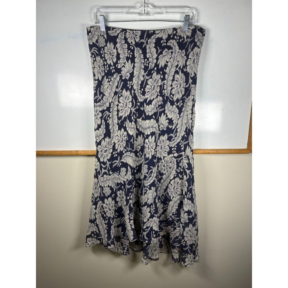 Lauren Ralph Lauren 100% Silk Navy & Cream Floral Flounce Midi Skirt, Size 12